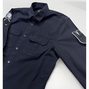 Armani Exchange Military Patch Shirt Mens M Dark Blue Button Up Peace Globe AX